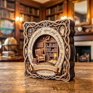 May include: A wooden, layered art piece with a library scene carved inside. The piece features a bookshelf, armchair, and open book, with the text "LOST IN A WORLD OF BOOKS ELARA VANCE" on a banner. The frame has intricate designs and elvish script.