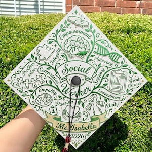 Puede incluir: Un birrete blanco decorado con ilustraciones y texto en verde y blanco. El birrete presenta las palabras "Social Worker" y "Ms. Isabella 2026". Otras palabras incluyen "Empowerment", "Integrity", "Compassion", "Empathy", "Passion", "Support", "Commitment" y "Unity".