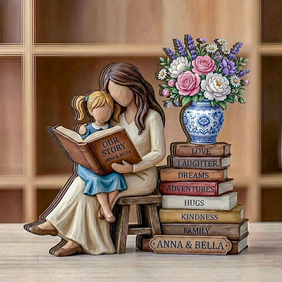 Personalized Mom Reading With Daughter Wooden Block, Custom Reading Mom Gift, Book Lover Mom Decor, Mother’s Day Gift, Gift For Book Lover
