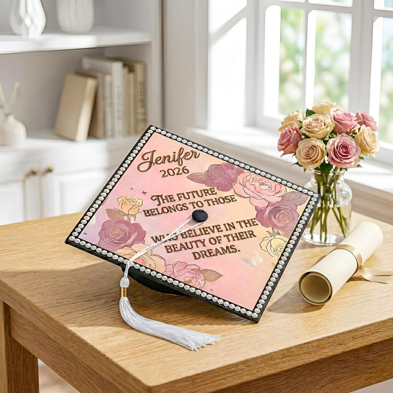 Graduation Quotes With Roses Personalized Floral Graduation Cap Topper With Name and Year, Pink Rose ...