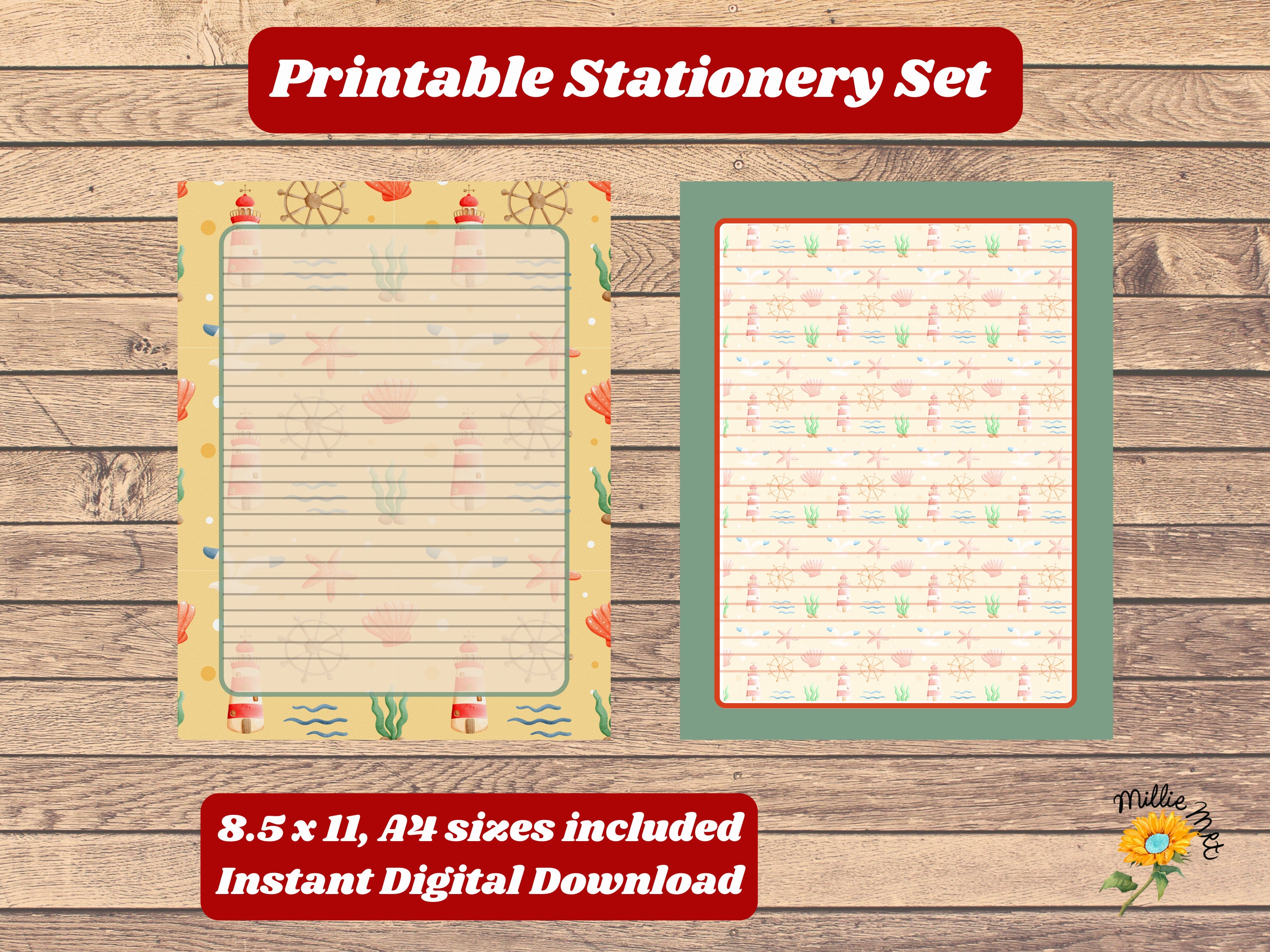 Printable Stationery Nautical Theme Lighthouse Repeat Pattern Letter Writing Paper Unlined Lined ...