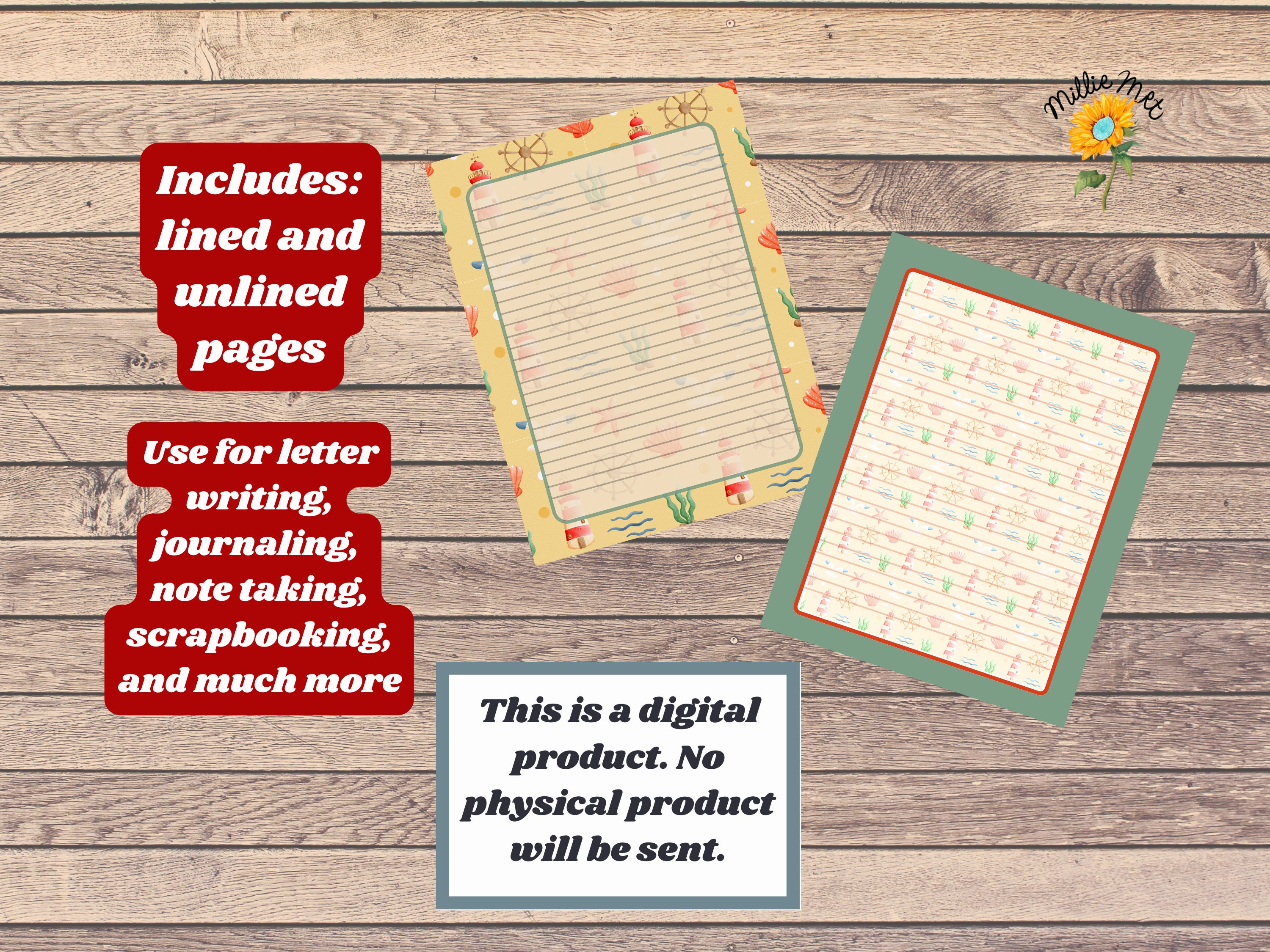 Printable Stationery Nautical Theme Lighthouse Repeat Pattern Letter Writing Paper Unlined Lined ...