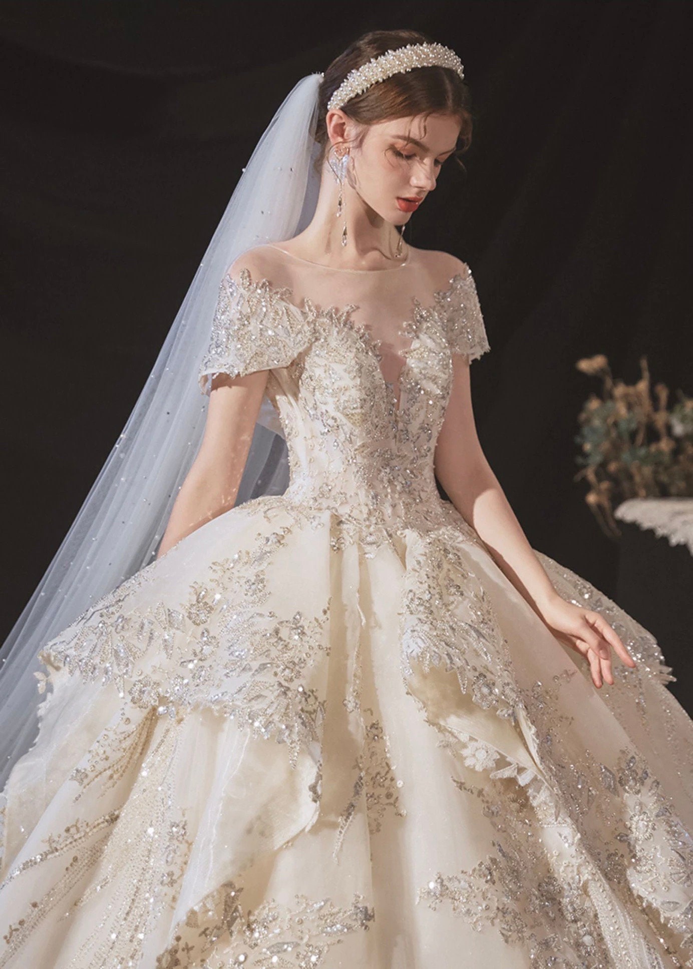 Luxury Shiny Wedding Dresses Lace Applique Beading Illusion - Etsy
