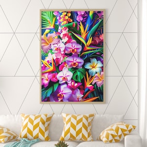 Maximalist Tropical Wall Art Bright Color Bedroom Decor Tropical Themed Office Vibrant Flower Wall Art Luau Party New Home Gift Best Friend
