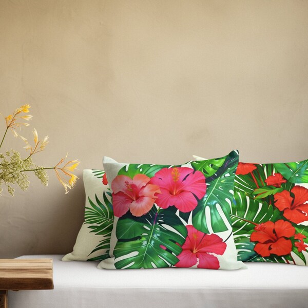 Tropical cushion covers hibiscus pillow housewarming gift tropical decor pink hibiscus yellow hibiscus flower coastal tropical cushion
