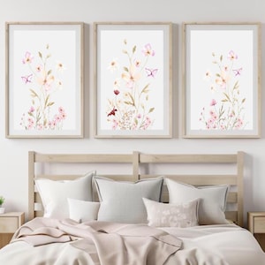 Wildflower and Butterfly Girl Nursery Set of 3 Floral Prints Boho Toddler Wall Art Botanical Print Watercolor Flower Gift for Nature Lovers