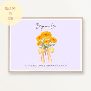 Póster personalizado de anuncio de nacimiento de bebé, impresión de ramo de flores de nacimiento para guardería, letrero de estadísticas de nacimiento personalizado, regalo para baby shower, decoración de guardería