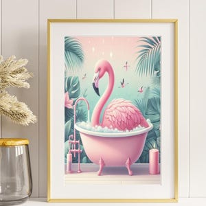 Kids Bathroom Art Flamingo Wall Art Boho Bathroom Print Tropical Bathroom Poster Eclectic Wall Art Botanical Decor Animals in Bathtub Print