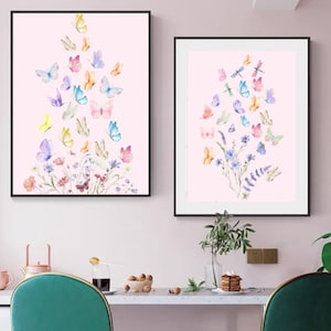 Butterfly And Wildflowers Picture Set of 2 Pink Boho Wall Art Nursery Wildflowers Watercolor Print Girls Room Decor Instant Download Art