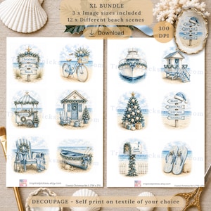 May include: A digital download bundle featuring 12 coastal Christmas illustrations, including a beach sign, bicycle, boat, lifeguard tower, Christmas tree, mailbox, and flip-flops, all decorated with blue and white holiday accents and greenery.