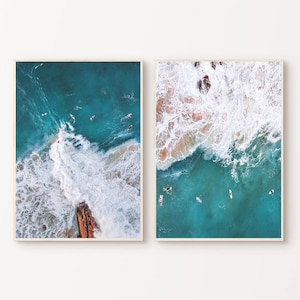 Aerial ocean photo set of 2 prints ocean photography breaking waves print coastal wall art blue ocean prints aerial surfer living room art