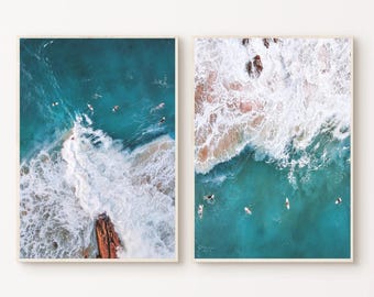 Aerial ocean photo set of 2 prints ocean photography breaking waves print coastal wall art blue ocean prints aerial surfer living room art