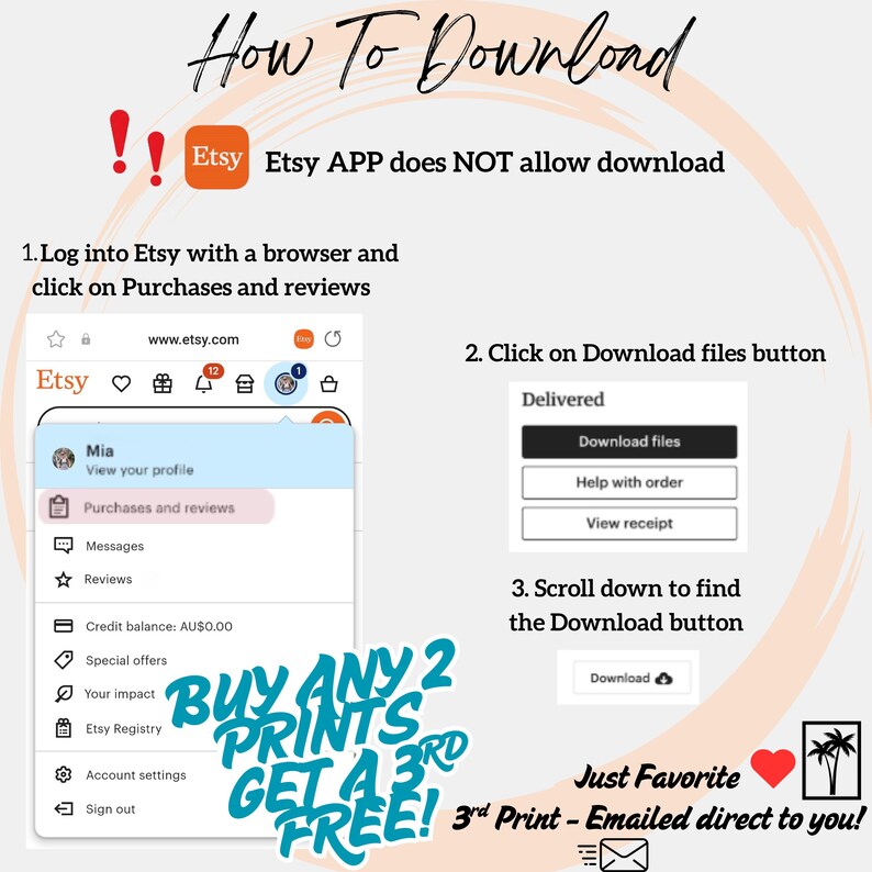 May include: A guide on how to download Etsy files, with screenshots and instructions. The image includes the Etsy logo, a browser view, and a "Download files" button. Text reads "Buy any 2 prints get a 3rd free!"