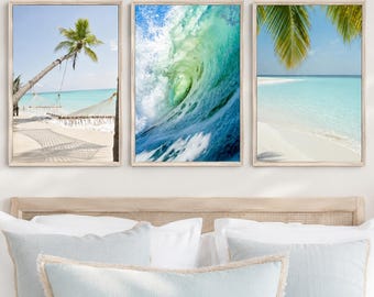 Juego de 3 láminas con estampado de olas del océano para dormitorio, galería de arte oceánica, sala de espera, playa, decoración de pared para Airbnb, arte oceánico azul turquesa.