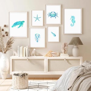 Blue Coastal Gallery Prints Minimalist Beach Poster Set of 6 Sea Life Wall Art Beach House Decor Starfish Poster Lobster Print Crab Wall Art