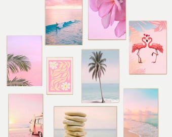 Beach Wall Art Set of 9 Light Pink Coastal Collection Summer Beach Wall Art Bundle Surfer Beach Room Posters Trendy Beach Gallery Wall Set