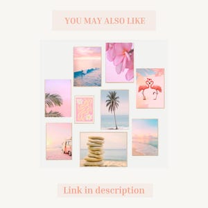 May include: A collection of nine framed art prints with a pastel color palette. The prints feature beach scenes, palm trees, flowers, and flamingos. The text "YOU MAY ALSO LIKE" and "Link in description" are visible.