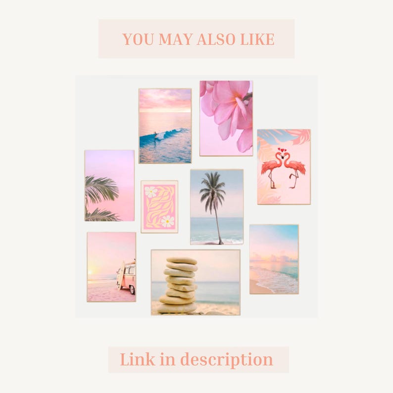 May include: A collection of nine framed art prints with a pastel color palette. The prints feature beach scenes, palm trees, flowers, and flamingos. The text "YOU MAY ALSO LIKE" and "Link in description" are visible.