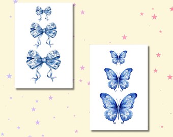 Blue Bow & Butterfly Print Set Coquette Nursery Decor Digital Download Gift for Friend Baby Shower Gift for Her Blue Bedroom Decor Girl