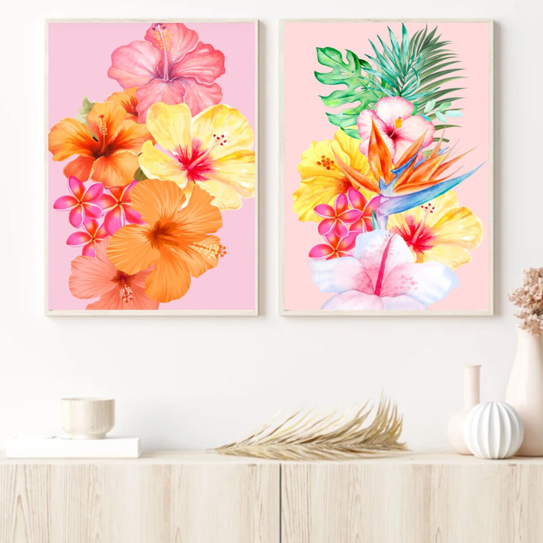 Tropical Flower Print Watercolor Wall Art Pastel Pink Mauve Botanical ...