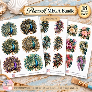 Peacock MEGA Bundle Digital Decoupage Paper JPEG Floral Feather Printable Bookmark Oyster Shell Craft Junk Journal Scrapbook Paper Digital