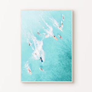 Catching a wave aerial surfers beach print surfing photography aerial photo surf coastal wall art aerial wave breaking surf print turquoise