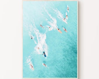 Catching a wave aerial surfers beach print surfing photography tiny people coastal wall art aerial wave breaking surf print bedroom decor