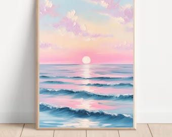 Beach Sunrise Trendy Coastal Art Poster Pink Blue Pastel Sunset Painting Girly Print Aesthetic Beachy Wall Art Dorm Room Decor Beach House