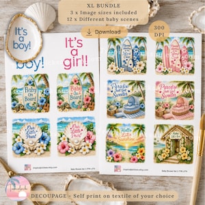Può includere: Un pacchetto di download digitale con dodici illustrazioni a tema baby shower su due fogli. I disegni includono tavole da surf, conchiglie con perle, spiagge tropicali e culle per neonati con testi come It's a boy, It's a girl e Paradise Just Got Sweeter.