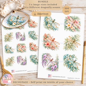 May include: A digital bundle of six dragonfly scenes featuring watercolor-style insects with translucent wings surrounded by tropical flowers and foliage. The sheets include text labels, a download icon, and the URL tropicalpicksau.etsy.com.