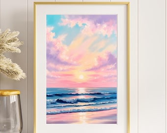 Op de afbeelding: Een ingelijst schilderij van een zeezicht met een roze en blauwe zonsondergang boven de oceaan. De golven breken op de kust en de lucht is gevuld met wolken.