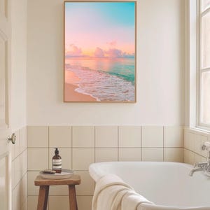 Serene beach sunset wall art with gentle ocean tones creating a relaxing coastal atmosphere.