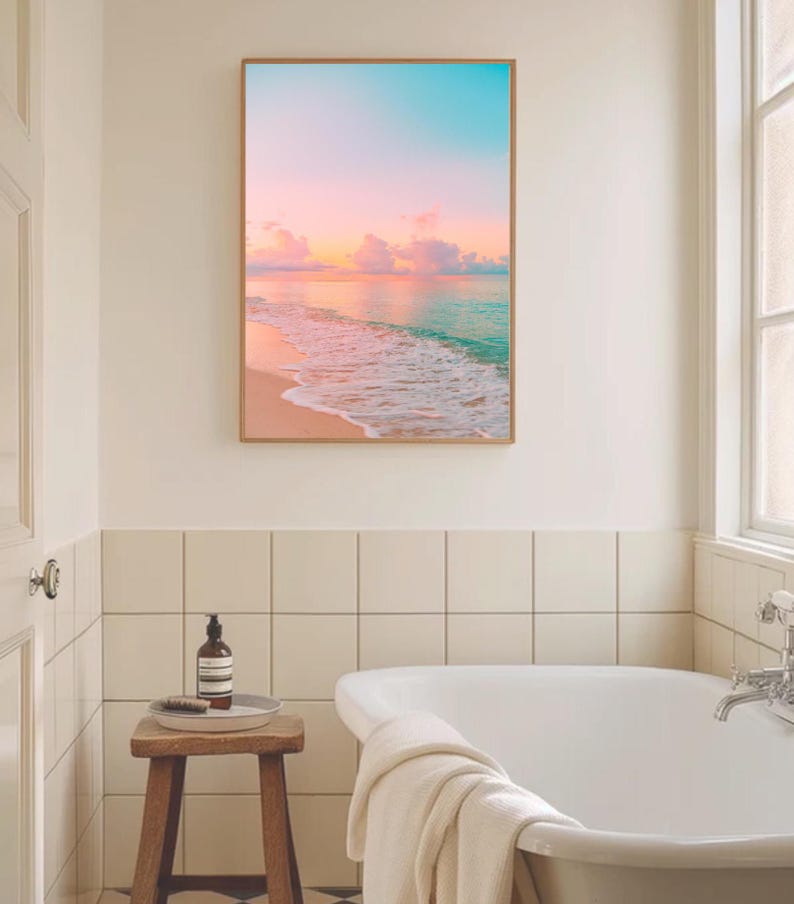 Serene beach sunset wall art with gentle ocean tones creating a relaxing coastal atmosphere.