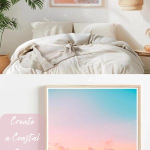 Ocean-themed wall art with a soothing sunset over calm water in soft pastel colors.