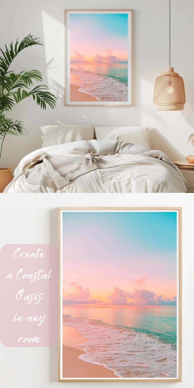 Ocean-themed wall art with a soothing sunset over calm water in soft pastel colors.