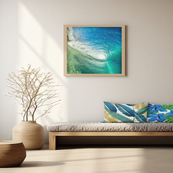 Wave Print Tube Surf Wave Beach Wall Art Turquoise Wave Coastal Decor Ocean Wave Tube Wave Art Breaking Surf Decor