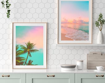 Coastal Wall Art Set of 2 Tropical Print Palm Tree Photography Sunset Beach Poster Cottage Decor Gift Above Bed Wall Art Beach House Decor