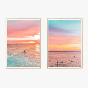 Surfer muur kunst set van 2 gradiënt zonsondergang kust roze muur kunst strandhuis decor trendy muur kunst slaapzaal prints strandachtige muur kunst kust