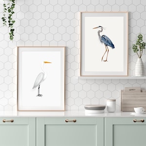 Heron Print Set of 2 Blue Heron and White Heron Wall Art Coastal Bird Artwork Nature Print for Living Room Bathroom Decor Waterfowl Art Set