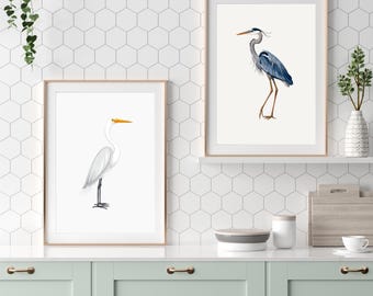 Heron Print Set of 2 Blue Heron and White Heron Wall Art Coastal Bird Artwork Nature Print for Living Room Bathroom Decor Waterfowl Art Set