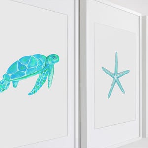 Blue Coastal Wall Print Nautical Wall Art Beach House Decor Minimalist Watercolor Sea Animal Print for Baby Room Under the Sea Theme Nursery