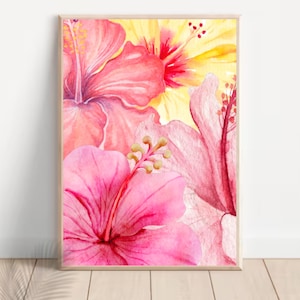 Watercolor Hibiscus Floral Print Tropical Flower Wall Art Teen Girl Room Decor Summer Aesthetic Trendy Wall Art Gift for Her Bedroom Decor