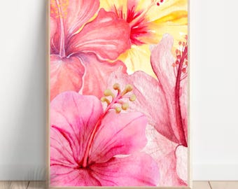Watercolor Hibiscus Floral Print Tropical Flower Wall Art Teen Girl Room Decor Summer Aesthetic Trendy Wall Art Gift for Her Bedroom Decor