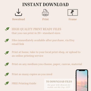 May include: An image with the text "INSTANT DOWNLOAD" and icons for download, print, and frame. The image also includes text about high-quality print-ready files, available via Etsy email, and printing options.