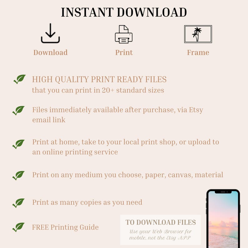 May include: An image with the text "INSTANT DOWNLOAD" and icons for download, print, and frame. The image also includes text about high-quality print-ready files, available via Etsy email, and printing options.