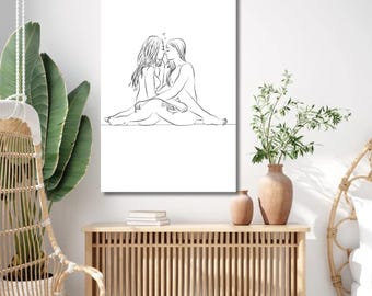 Póster de arte lineal íntimo de pareja de lesbianas, arte minimalista LGBTQ+, regalo de aniversario lésbico, arte de pared para dormitorio, regalo de San Valentín