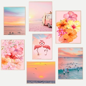 May include: Set of 8 pink and orange themed prints featuring a sunset beach scene, a pink van, a floral arrangement, a couple of flamingos, a sunset with birds flying, and a beach scene with surfers.