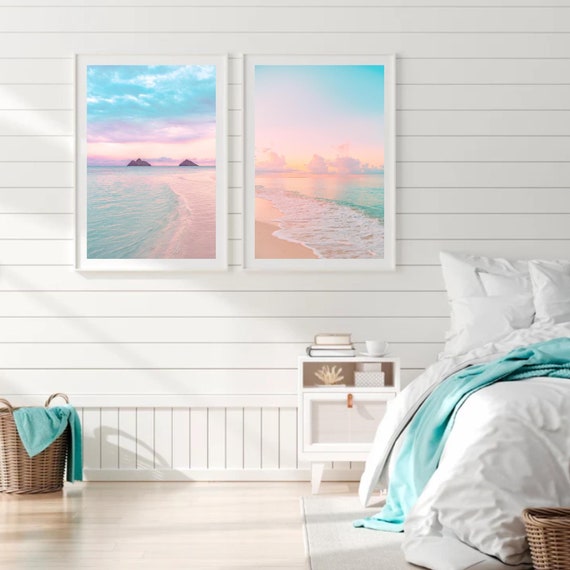 Pastel Beach Sunset Print Set of 2 Coastal Wall Art for Living Room Pink Teal Wall Art Tranquil Prints Beach Cottage Above Bed Print Sunrise