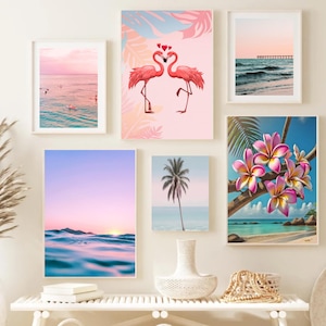Coastal Gallery Wall Set of 6 Prints Teenage Girl Bedroom Decor Dorm Decor for College Girls Pink Surf Poster Printable Wall Art Trendy Sets