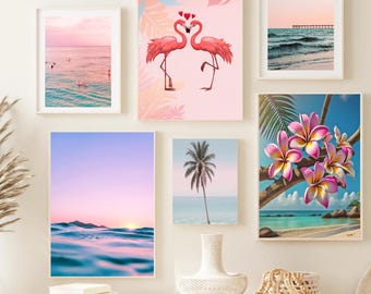 Coastal Gallery Wall Set of 6 Prints Teenage Girl Bedroom Decor Dorm Decor for College Girls Pink Surf Poster Printable Trendy Wall Art Sets